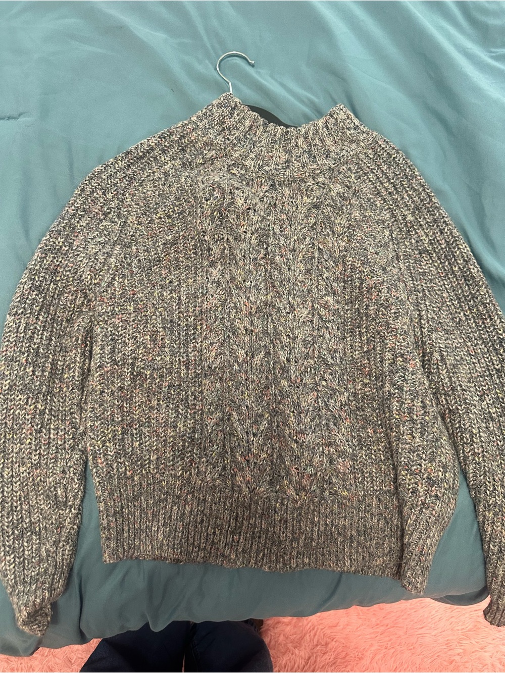Chunky Multicolor Cable Knit Sweater - Heathered Gray with Speckled Colors
